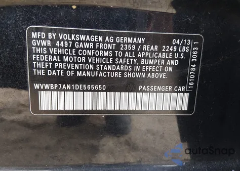 2013 Volkswagen Cc 2.0T Sport z USA, uszkodzony, nr VIN WVWBP7AN1DE565650